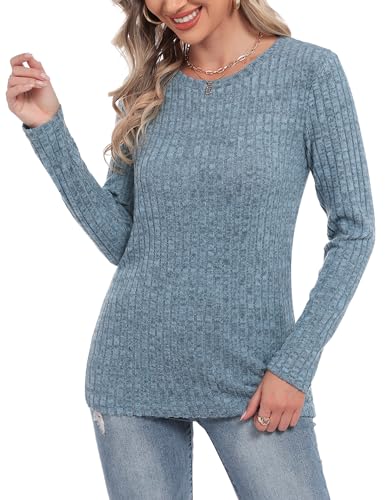 Aottori Langarmshirt Damen Sweatshirt Rundhals Langarm Shirts Longsleeve Longshirt Weich Rippstrick Lässige Longpullover Strickpullover Oberteile Pullover Damen Elegant A-Dunkelgraublau M von Aottori