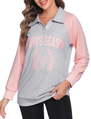 Aottori Langarmshirt Damen V-Ausschnitt Pullover Baumwolle Hoodie Langarm Sweatshirt mit Knöpfen Oversized Casual Tops Rosa M von Aottori