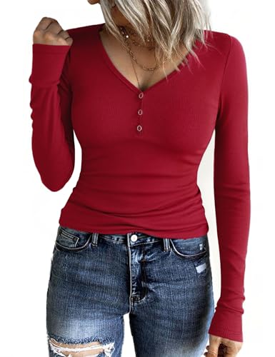 Aottori Langarmshirt Damen V Ausschnitt Pullover mit Knopfleiste Gerippt Elegant Oberteile Baumwolle Stretch T-Shirt Langarm Casual Basic Tops Einfarbig Rot XS von Aottori
