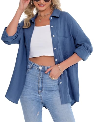 Aottori Musselin Bluse Damen Elegant 100% Baumwolle Longbluse Langarm Modern Oberteile Hemd Lose Langarmshirt Blusenshirt Hemdbluse Tuniken Tops Blau 2 L von Aottori