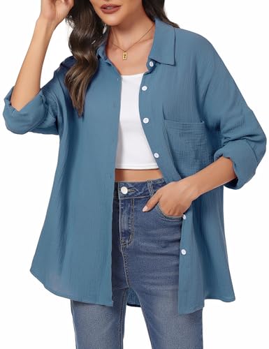 Aottori Musselin Bluse Damen Elegant 100% Baumwolle Longbluse Langarm Modern Oberteile Hemd Lose Langarmshirt Blusenshirt Hemdbluse Tuniken Tops Blau 2 XXL von Aottori