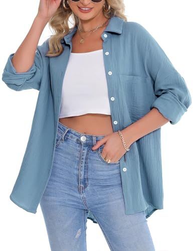 Aottori Musselin Bluse Damen Elegant 100% Baumwolle Longbluse Langarm Modern Oberteile Hemd Lose Langarmshirt Blusenshirt Hemdbluse Tuniken Tops Grau Grün XL von Aottori