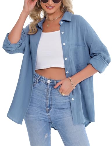 Aottori Musselin Bluse Damen Elegant 100% Baumwolle Longbluse Langarm Modern Oberteile Hemd Lose Langarmshirt Blusenshirt Hemdbluse Tuniken Tops Himmelblau M von Aottori