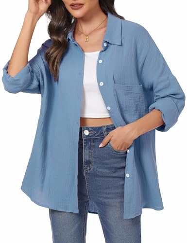 Aottori Musselin Bluse Damen Elegant 100% Baumwolle Longbluse Langarm Modern Oberteile Hemd Lose Langarmshirt Blusenshirt Hemdbluse Tuniken Tops Himmelblau M von Aottori