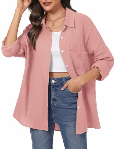 Aottori Musselin Bluse Damen Elegant 100% Baumwolle Longbluse Langarm Modern Oberteile Hemd Lose Langarmshirt Blusenshirt Hemdbluse Tuniken Tops Rosa XXL von Aottori