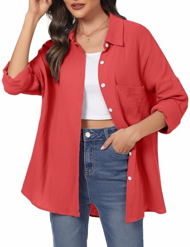 Aottori Musselin Bluse Damen Elegant 100% Baumwolle Longbluse Langarm Modern Oberteile Hemd Lose Langarmshirt Blusenshirt Hemdbluse Tuniken Tops Rot S von Aottori