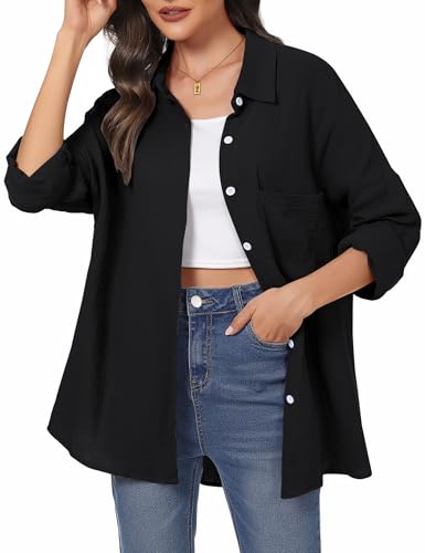Aottori Musselin Bluse Damen Elegant 100% Baumwolle Longbluse Langarm Modern Oberteile Hemd Lose Langarmshirt Blusenshirt Hemdbluse Tuniken Tops Schwarz M von Aottori