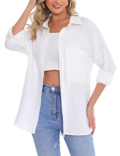 Aottori Musselin Bluse Damen Elegant 100% Baumwolle Longbluse Langarm Modern Oberteile Hemd Lose Langarmshirt Blusenshirt Hemdbluse Tuniken Tops Weiß L von Aottori