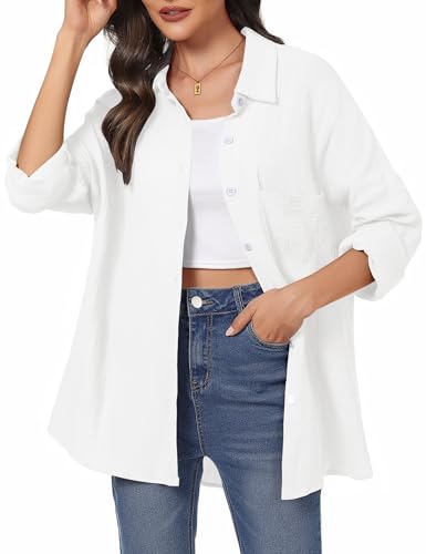 Aottori Musselin Bluse Damen Oversize Hemdbluse Oberteile Langarm Hemd Longbluse Langarmshirt Elegant V-Ausschnitt Baumwolle Lockere Blusenshirt Blusen Tunika mit Tasche Weiß M von Aottori