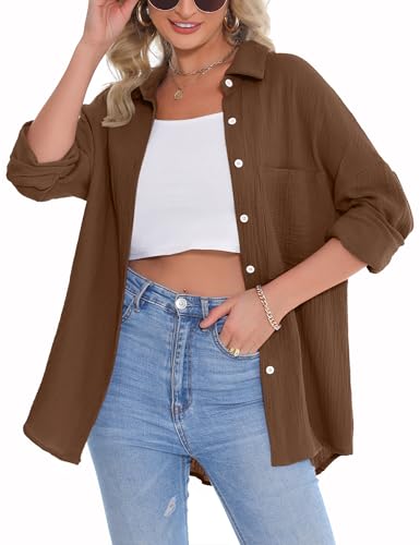 Aottori Musselin Bluse Damen Elegant 100% Baumwolle Oversize Longbluse Langarm Modern Oberteile Hemd Lose Langarmshirt Blusenshirt Hemdbluse Tuniken Tops #Braun XXL von Aottori