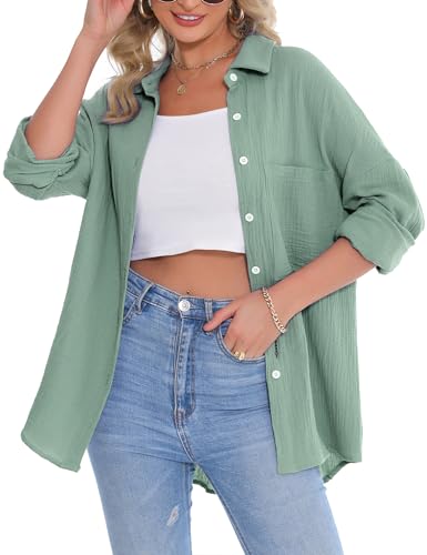 Aottori Musselin Bluse Damen Oversize Hemdbluse Oberteile Langarm Hemd Longbluse Langarmshirt Elegant V-Ausschnitt Baumwolle Lockere Blusenshirt Blusen Tunika mit Tasche #Grün XL von Aottori
