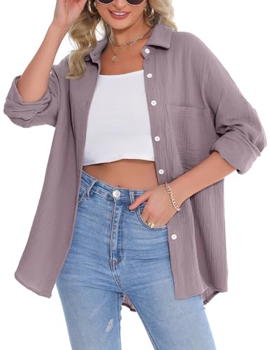 Aottori Musselin Bluse Damen Elegant 100% Baumwolle Oversize Longbluse Langarm Modern Oberteile Hemd Lose Langarmshirt Blusenshirt Hemdbluse Tuniken Tops #Lila XXL von Aottori