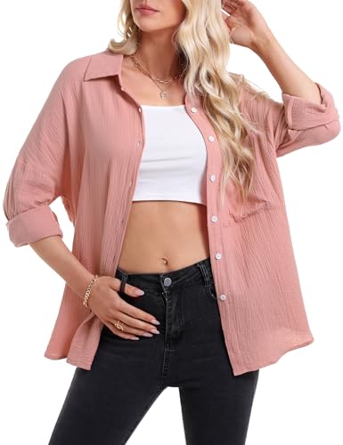 Aottori Musselin Bluse Damen Oversize Hemdbluse Oberteile Langarm Hemd Longbluse Langarmshirt Elegant V-Ausschnitt Baumwolle Lockere Blusenshirt Blusen Tunika mit Tasche #Rosa M von Aottori