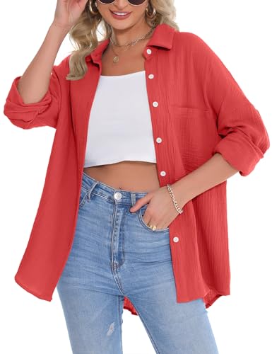 Aottori Musselin Bluse Damen Elegant 100% Baumwolle Oversize Longbluse Langarm Modern Oberteile Hemd Lose Langarmshirt Blusenshirt Hemdbluse Tuniken Tops #Rot XXL Aottori Musselin Bluse Damen Elegant 100% Baumwolle Oversize Longbluse Langarm Modern Oberteile Hemd Lose Langarmshirt Blusenshirt Hemdbluse Tuniken Tops #Rot XXL von Aottori