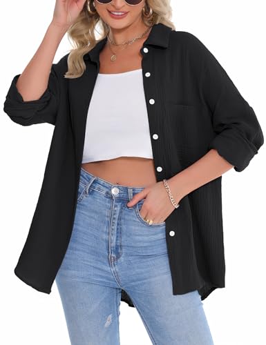 Aottori Musselin Bluse Damen Oversize Hemdbluse Oberteile Langarm Hemd Longbluse Langarmshirt Elegant V-Ausschnitt Baumwolle Lockere Blusenshirt Blusen Tunika mit Tasche #Schwarz XXL von Aottori