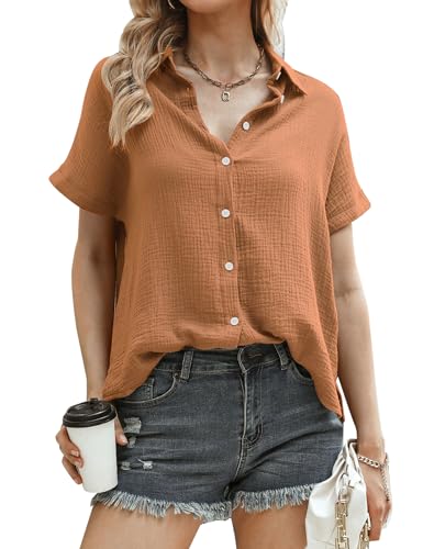 Aottori Musselin Bluse Damen Elegant Oberteile 100% Baumwolle Kurzarm Hemdbluse mit V-Ausschnitt Blusen Tunika Tops Sommer Braun S von Aottori