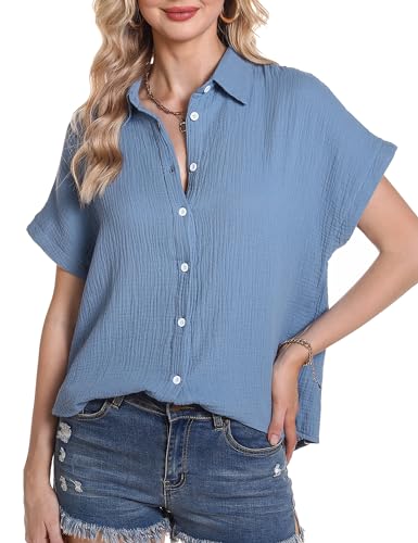 Aottori Musselin Bluse Damen Elegant Oberteile 100% Baumwolle Kurzarm Hemdbluse mit V-Ausschnitt Blusen Tunika Tops Sommer Himmelblau L von Aottori