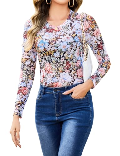 Aottori Netzoberteil Damen Mesh Top Langarm Transparent Netz Oberteil Slim Fit Netzshirt Rundhals Langarmshirt Tüll Eng Shirt Sheer Sommer Clubwear Party Blumen XL von Aottori