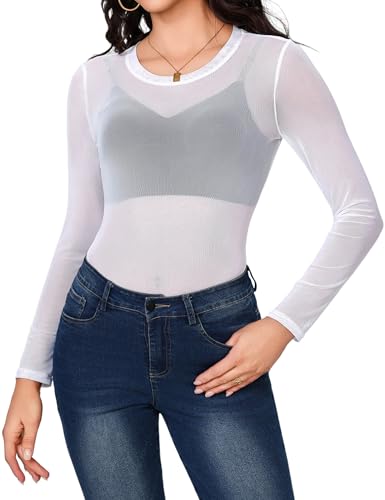 Aottori Netzoberteil Damen Mesh Top Langarm Transparent Netz Oberteil Slim Fit Netzshirt Rundhals Langarmshirt Tüll Eng Shirt Sheer Sommer Clubwear Party Weiß L von Aottori