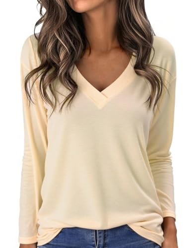 Aottori Oberteil Damen Langarm Baumwolle Langarmshirt V-Ausschnitt Elegant Stretch Lose Pullover T-Shirt Einfarbig Basic Top Frühling Herbst Aprikose XXL von Aottori