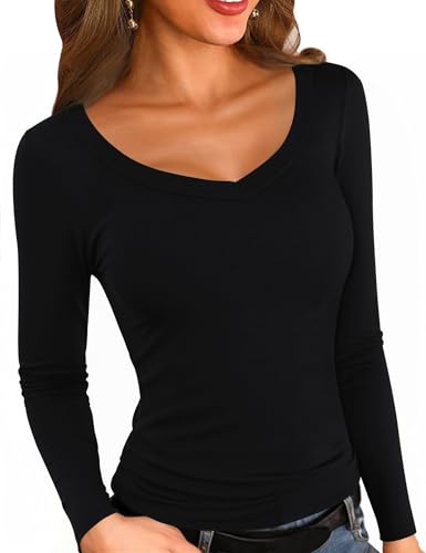 Aottori Oberteile Damen Gerippt Langarmshirt V Ausschnitt Fleece Thermoshirt Warm Longsleeve Thermounterwäsche Slim Fit Skiunterwäsche Elegant Schwarz XL von Aottori