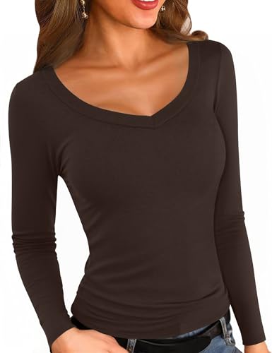 Aottori Oberteile Damen RIPP Winter Pullover Langarm V Ausschnitt Langarmshirt Warme Fleece Thermounterwäsche Slim Fit Unterhemd Basic Thermoshirt Braun L von Aottori