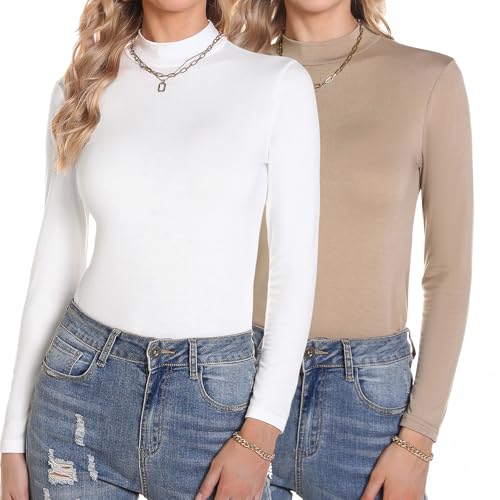 Aottori Oberteile Damen Stehkragen Langarmshirt Elegant Unterziehrolli Langarm T-Shirt Einfarbig Tops Slim Fit Casual 2er-Pack für Herbst Winter Weiß+Khaki XXL von Aottori