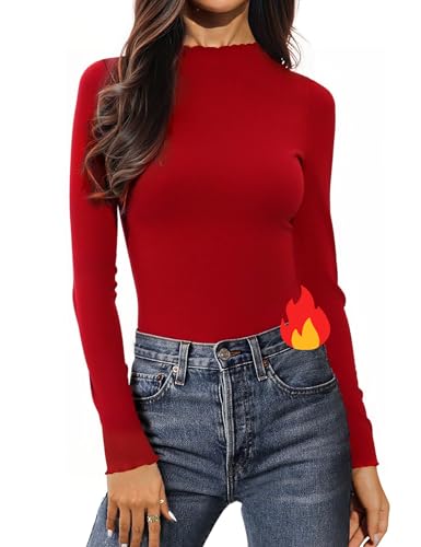 Aottori Oberteile Damen Stehkragen Thermo Shirt Langarm Warm Thermounterwäsche Slim Fit Unterhemd Elegant Basic Langarmshirt Einfarbig Rot L von Aottori