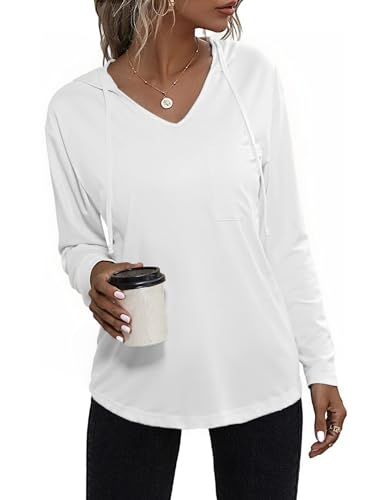 Aottori Pullover Damen Hoodie Langarm V-Ausschnitt Pullover Sweatshirt Kapuzenpullover Einfarbig Weiß M von Aottori