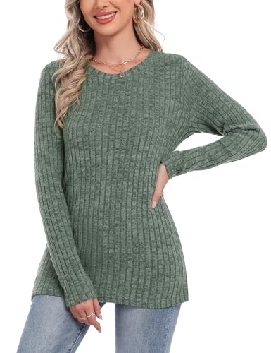 Aottori Langarmshirt Damen Sweatshirt Rundhals Langarm Shirts Longsleeve Longshirt Weich Rippstrick Lässige Longpullover Strickpullover Oberteile Pullover Damen Elegant A-Grün M von Aottori