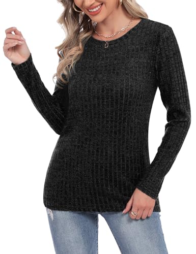 Aottori Langarmshirt Damen Sweatshirt Rundhals Langarm Shirts Longsleeve Longshirt Weich Rippstrick Lässige Longpullover Strickpullover Oberteile Pullover Damen Elegant A-Schwarz L von Aottori