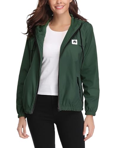 Aottori Regenjacke für Damen Leichte Regenmantel Wasserdicht Windjacke Sommerjacke übergangsjacken Kurze Windbreaker Outdoorjacke Windjacken Kapuze für den Außenbereich Dunkelgrün XS von Aottori