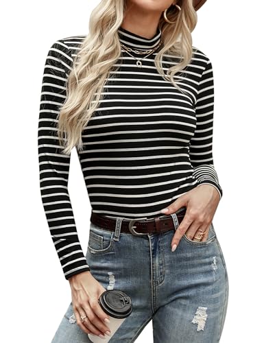 Aottori Rollkragenshirt Damen Baumwolle Langarmshirt Slim Fit Shirt Rollkragen Unterziehrolli Langarm Stretch Oberteil Elegant Basic Top für Frühling Herbst Schwarz Streifen L von Aottori