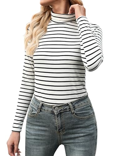 Aottori Rollkragenshirt Damen Baumwolle Langarmshirt Slim Fit Shirt Rollkragen Unterziehrolli Langarm Stretch Oberteil Elegant Basic Top für Frühling Herbst Weiß Streifen L von Aottori