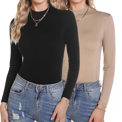 Aottori Rollkragenshirt Damen Baumwolle Langarmshirt Slim Fit Shirt Stehkragen Unterziehrolli Langarm Stretch Wandershirt Elegant Basic Top 2er-Pack Schwarz+Khaki XXL von Aottori
