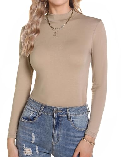 Aottori Rollkragenshirt Damen Baumwolle Langarmshirt Slim Fit Shirt Stehkragen Thermo Unterziehrolli Langarm Stretch Wandershirt Elegant Basic Top Khaki XXL von Aottori