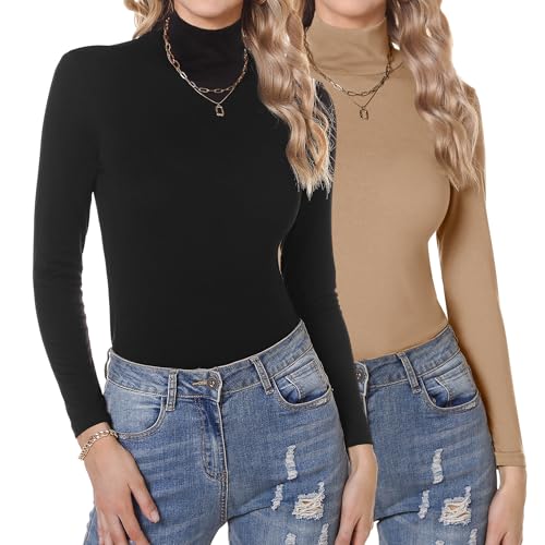 Aottori Rollkragenshirt Damen Langarm Unterziehrolli Baumwolle Basic Langarmshirt Slim Fit Rollkragenpulli Leicht Thermo Oberteil Elegant Stretch Top 2er-Pack Schwarz+Khaki XXL von Aottori