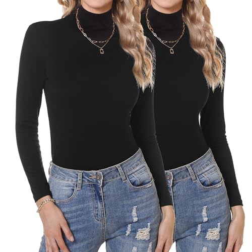 Aottori Rollkragenshirt Damen Langarm Unterziehrolli Baumwolle Basic Langarmshirt Slim Fit Rollkragenpullover Leicht Thermo Oberteil 2er Pack Rollkragenpulli Elegant Stretch Schwarz+Schwarz S von Aottori