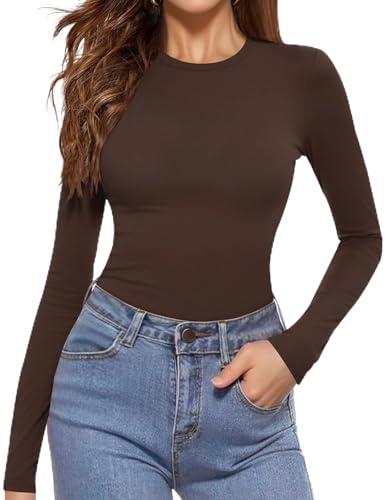 Aottori Shirt Damen Langarm Rundhals Unterziehshirt Baumwolle Weich Basic Langarmshirt Slim Fit Thermo Oberteil Elegant für Alltag Büro Freizeit Braun XS von Aottori