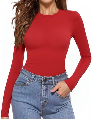 Aottori Shirt Damen Langarm Rundhlas Unterziehshirt Baumwolle Weich Basic Langarmshirt Slim Fit Thermo Oberteil Elegant für Alltag Büro Freizeit Rot M von Aottori