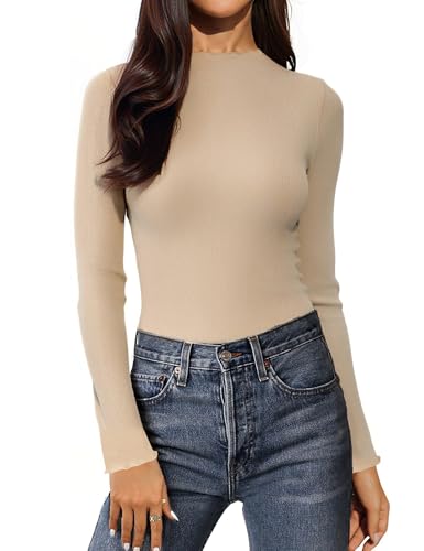Aottori Shirt Langarm Damen Rollkragen Pullover Baumwolle Stretch Basic Oberteile Eng Rippshirt Warm Gefüttert Tops Elegant Einfarbig Beige XS von Aottori