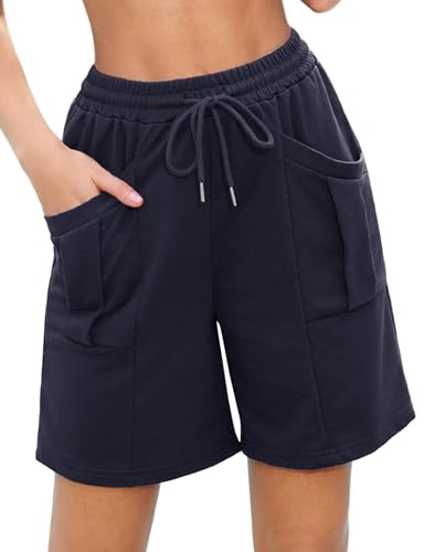 Aottori Shorts Damen Sommer Sporthose Kurz Baumwolle Laufshorts Lockere Sweathose High Waist Jogginghose mit Taschen und Kordelzug für Sport Fitness Running Dunkelblau M von Aottori