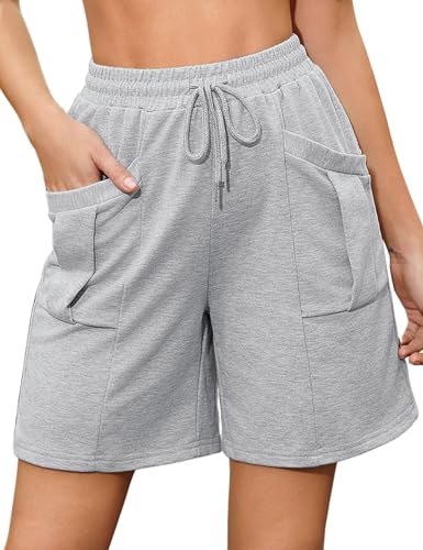 Aottori Shorts Damen Sommer Sporthose Kurz Baumwolle Laufshorts Lockere Sweathose High Waist Jogginghose mit Taschen und Kordelzug für Sport Fitness Running Gym Hellgrau XL von Aottori