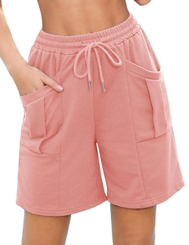 Aottori Shorts Damen Sommer Sporthose Kurz Baumwolle Laufshorts Lockere Sweathose High Waist Jogginghose mit Taschen und Kordelzug für Sport Fitness Running Gym Rosa XXL von Aottori