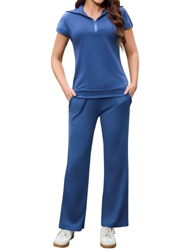 Aottori Lounge Set Damen Zweiteiler Hausanzug Sommer Outfits Tracksuit Kurzarm 2 teiler Freizeitanzug Jogginganzug Trainingsanzug Elegant Blau M von Aottori