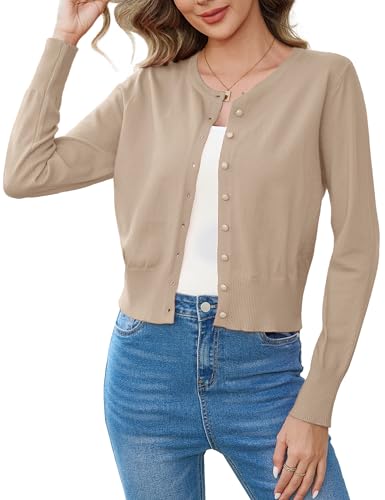Aottori Strickjacke Damen Elegant Bolero Festliche Leicht Cardigan Kurz Strick Jäckchen Rundhals Einfarbig Bolerojacke Langarm mit Knöpfen für Frühling Beige S von Aottori