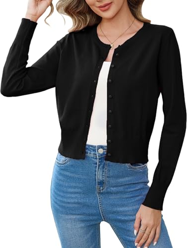 Aottori Strickjacke Damen Elegant Bolero Festliche Leicht Cardigan Kurz Strick Jäckchen Rundhals Einfarbig Bolerojacke Langarm mit Knöpfen für Frühling Herbst Schwarz L von Aottori