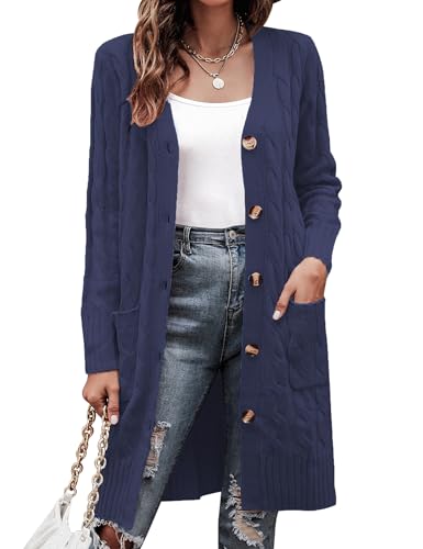 Aottori Strickjacke Damen Grobstrick Cardigan Langarm Elegant Strickmantel Open Front Pullover Strick mit Knöpfen und Taschen Dunkelblau XXL von Aottori