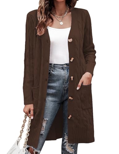 Aottori Strickjacke Damen Grobstrick Cardigan Langarm Elegant Strickmantel Open Front Pullover Strick mit Knöpfen und Taschen Dunkelbraun M von Aottori