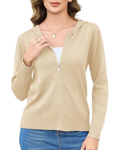 Aottori Strickjacke Damen Kurz Cardigan mit Kapuze Reißverschluss Langarm Kapuzenpullover Herbst Winter Jacke Elegant Casual Strickcardigan Pullover Outerwear Strickmantel Aprikose L von Aottori